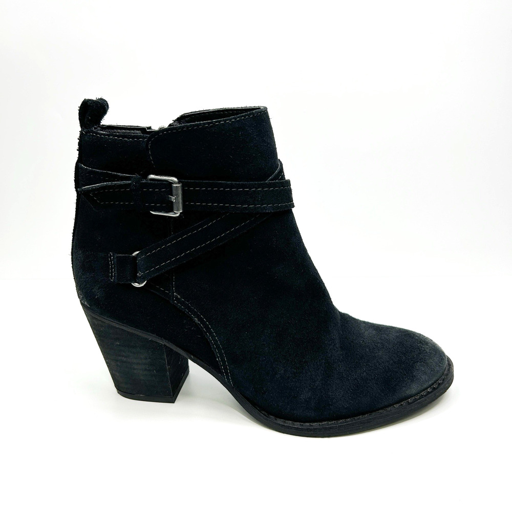 SAM EDELMAN‎ Myra Burnished Leather Ankle Booties Black Suede Buckle Boots Sz 7